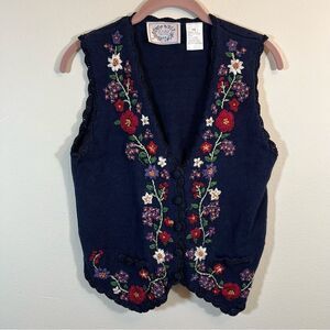 Vintage Erika Petites Boho Embroidered Floral Sweater Vest Navy Blue PM